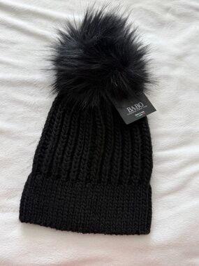 Babo Italy Hat Women's Black Knit Faux Fur Pom Beanie Warm One Size NWT
